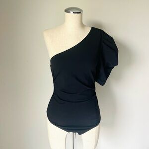 Free people black one shoulder bodysuit with ruched detail